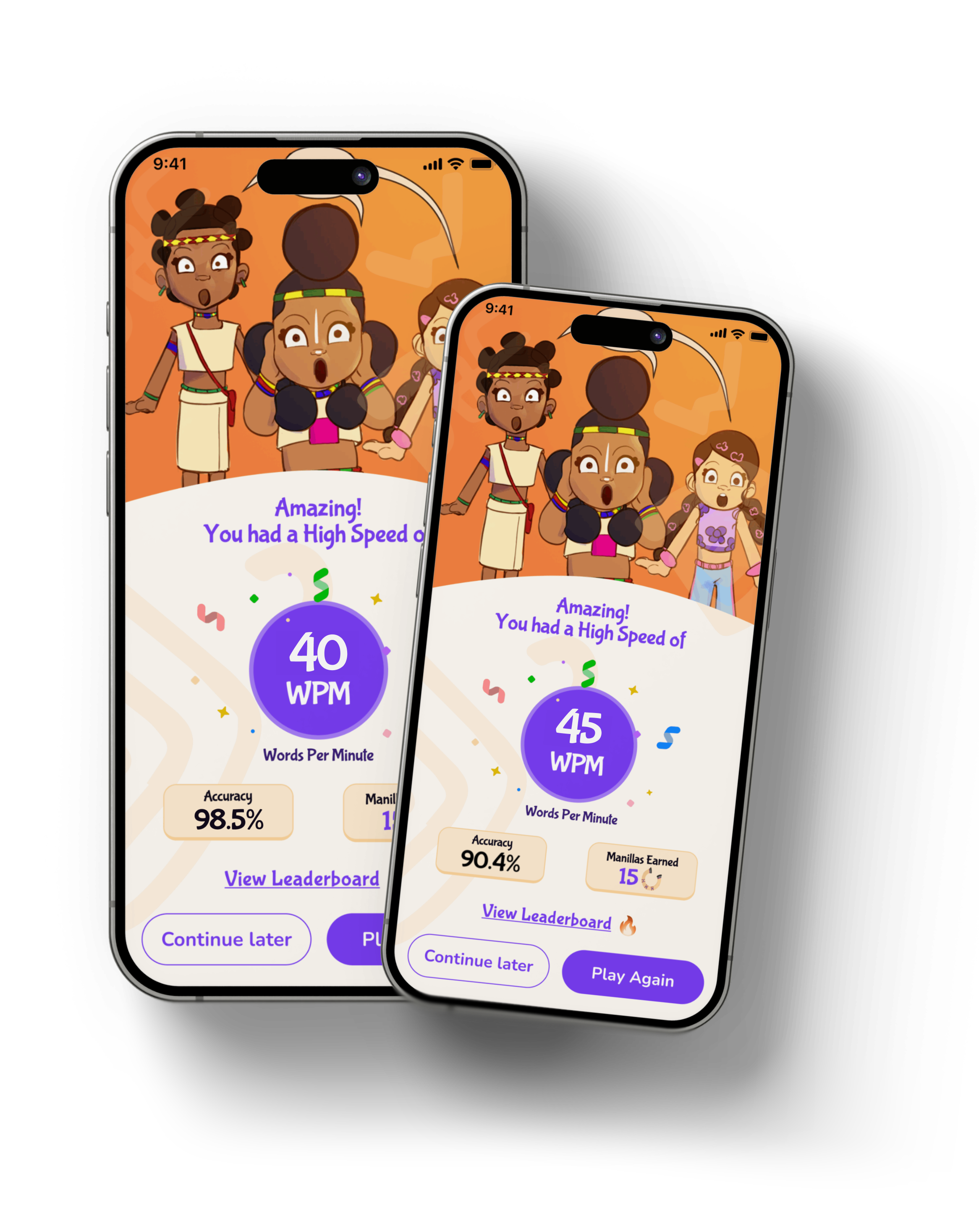 A screenshot of the RapKids app scoring a typing run